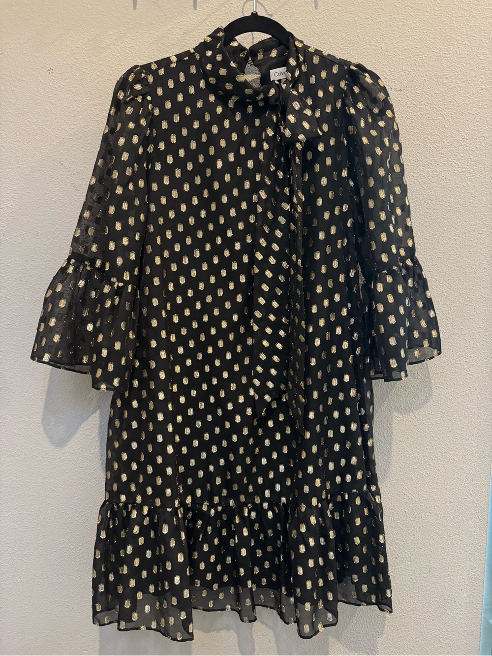 Calvin Klein Black Dress with Gold Dot Tie-Neck